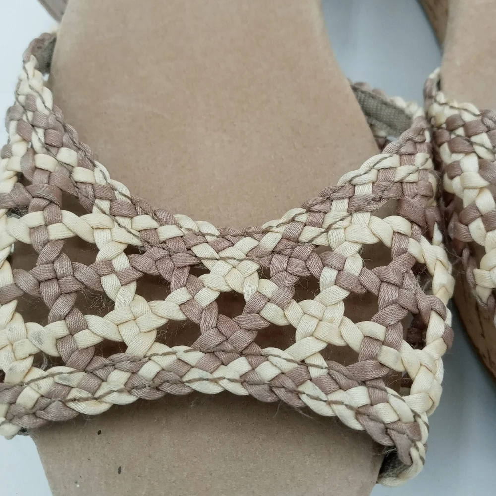 Tom's Stucco Satin Platform Cork Wedge Sandal. Ankle Strap Size 10